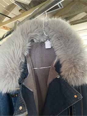 Denim Jean Jacket with Plush Faux Fur Collar - Taupe Fur